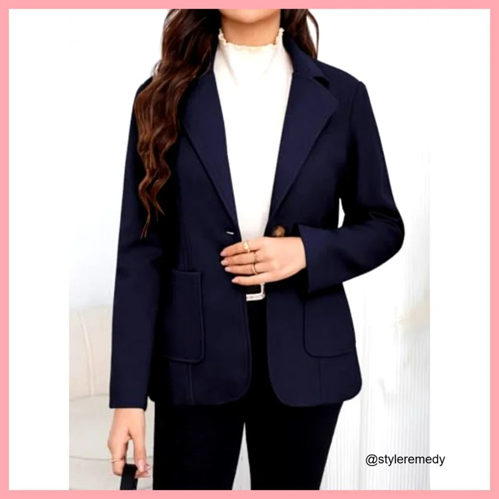 Wool Blend Pea Coat Blazer with Notched Lapel and Pockets
